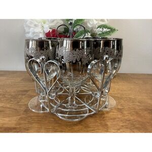 Vintage Silver Fade Wine‎ Glass Set Cherry Motif and Chrome Heart Shaped Stand